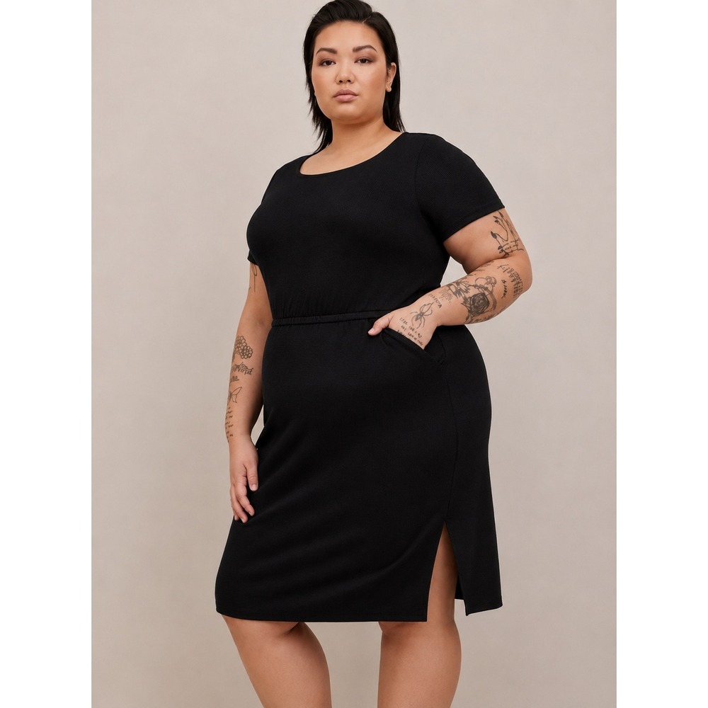 Torrid Black Rib Knit T-Shirt Dress Plus Pockets Side Slit Casual Midi 2X 18‎ 20